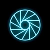 Neon blue camera shutter glowing on black background vector