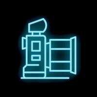 Blue neon sign depicting a digital camera with flash on black background vector