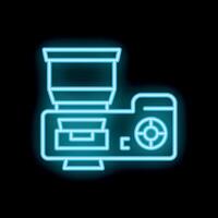 Neon icon of a professional photo camera with lens hood flash and settings buttons vector