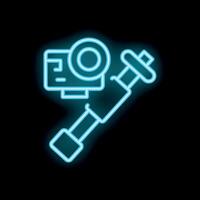Neon action camera mounted on a selfie stick for vlogging and adventure vector