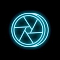 Neon camera shutter glowing on black background vector