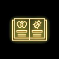 Open book about insects with butterfly and beetle in neon light style vector