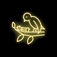 Yellow neon bird resting on branch with leaves icon vector