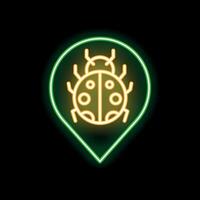 Neon green glowing map pin pointing at ladybug on black background vector