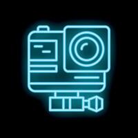Neon action camera glowing on black background vector