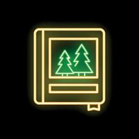 Neon icon of a notebook showing two pine trees on black background vector