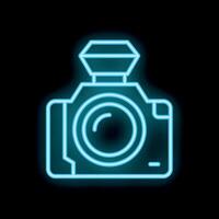 Neon camera icon with flash light glowing on dark background vector