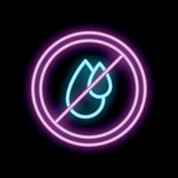 Neon sign showing water drops with diagonal line through it on black background vector