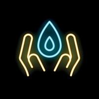 Neon icon of hands holding water drop symbolizing water saving vector