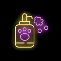 Neon icon of pet shampoo bottle dispensing soapy foam vector