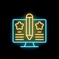 Neon icon of computer screen showing content creation process vector