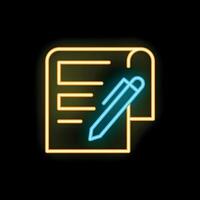 Neon icon of pen writing on paper representing content creation vector