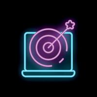 Neon sign representing digital marketing targeting with arrow hitting center of target on laptop screen vector