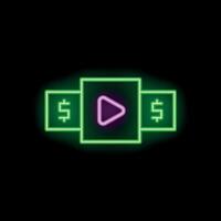 Neon icon of play button between two dollar signs representing paid content vector