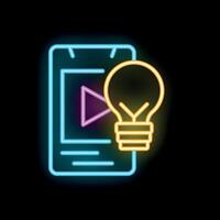Neon icon of smartphone displaying player and light bulb symbolizing idea generation vector