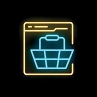 Neon shopping basket inside website frame on black background vector