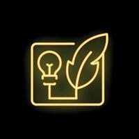 Neon yellow lightbulb with feather pen inside a square frame on black background representing copywriting vector