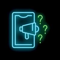 Neon smartphone displaying megaphone icon surrounded by question marks on dark background vector