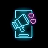 Neon icon of mobile phone with megaphone and hearts representing social media marketing vector