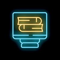 Neon icon of computer monitor displaying books for online education or digital library vector