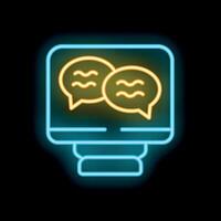 Neon icon of computer screen showing chat bubbles representing online communication vector