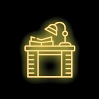 Neon desk with books and lamp icon illustrating workplace vector