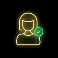Neon icon of woman with checkmark approving showing validation vector