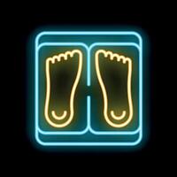 Neon sign representing a weighing scale with footprints for measuring body weight vector