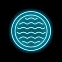 Bright blue neon sign showing water waves inside a circle on black background vector