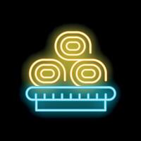 Neon sushi rolls moving on conveyor belt icon on black background vector