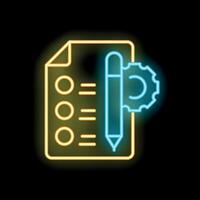 Neon sign illustrating project management process with document and gear vector