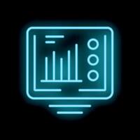 Neon icon of a computer displaying analytics and data charts vector