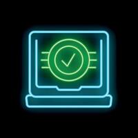 Neon green check mark inside a circle on a laptop screen vector