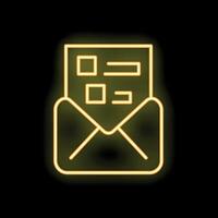 Neon yellow email containing survey form icon on black background vector