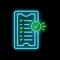 Neon icon representing mobile phone displaying completed checklist on dark background vector