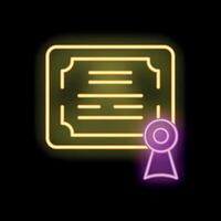 Neon sign illustrating a diploma with a seal on black background vector