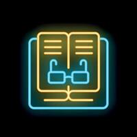 Neon sign of open book with glasses for library or bookstore vector