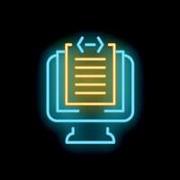 Neon icon of computer displaying code on black background vector