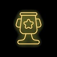 Neon trophy cup shining with yellow light on black background vector