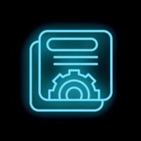 Neon icon of documents being processed with gear representing work in progress vector