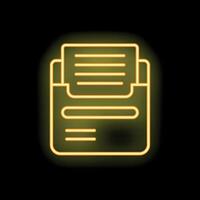 Neon yellow open folder icon with document sticking out on black background vector