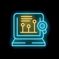 Neon icon of magnifying glass analyzing data on laptop screen vector