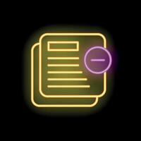 Neon minus sign removing document page on black background vector