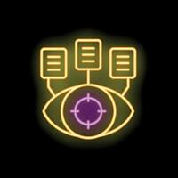Neon icon of eye with target analyzing information flow vector