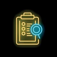 Neon icon of magnifying glass examining checklist on clipboard representing auditing process vector