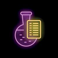 Neon icon of erlenmeyer flask and document representing scientific research vector