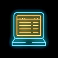 Neon icon of laptop showing spreadsheet document for finance and accounting vector
