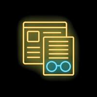 Neon icon of documents and glasses representing online reading vector