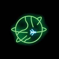 Blue neon airplane flying around green neon world on black background vector
