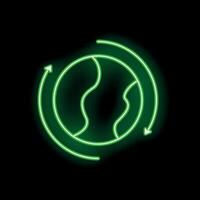 Green neon sign showing arrows rotating around earth globe on black background vector